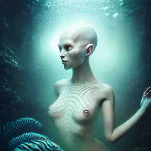 ultra realistic horror photo of a dimly lit translucent female alien creature underwater, very intricate details, focus, full frame image, curvy, model pose, artwork by anna dittmann and greg rutkowski, award winning 