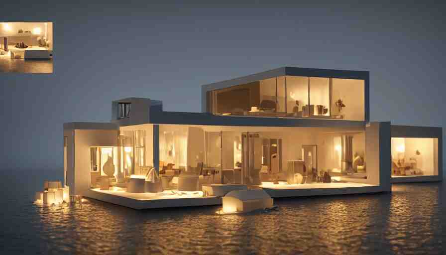 photorealistic claymation art of a modern house on top of a floating island, elegant, candle lighting, extremely detailed, realistic, art galery 