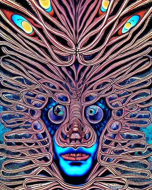 human body breaking away, conjuring psychedelic illustration, part by shintaro kago, part by alex gray, ultra realistic, highly detailed, 8 k, symmetry, fractals, grotesque, vibrant 