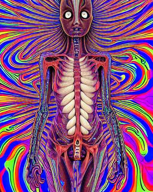 human body breaking away, conjuring psychedelic illustration, part by shintaro kago, part by alex gray, ultra realistic, highly detailed, 8 k, symmetry, fractals, grotesque, vibrant, 