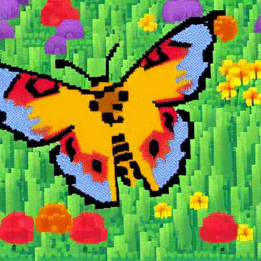 pixel art of a butterfly in a field of wild flowers, ghibli color scheme 