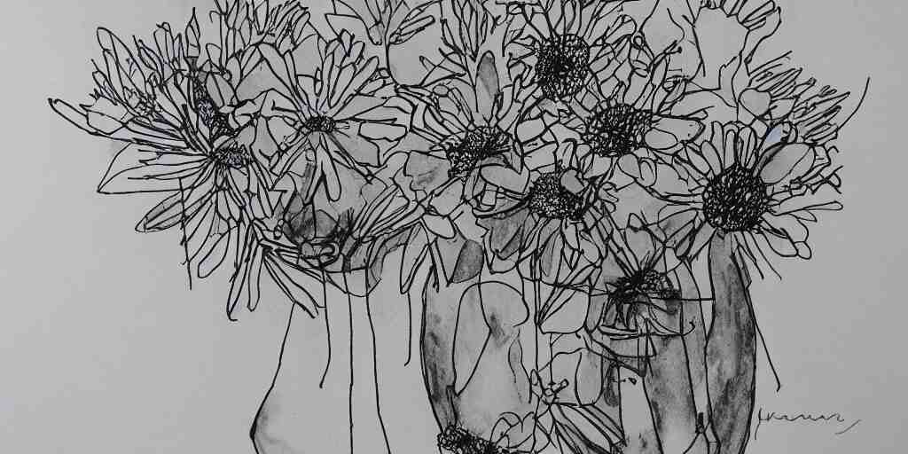 i dream of a vase flowers, modern, studio, ink drawing 