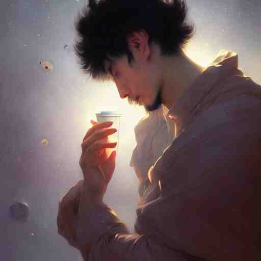 A man drinking a cup of cosmic energy bright light, illustration by Ruan Jia and Mandy Jurgens and William-Adolphe Bouguereau, Artgerm, 4k, digital art, surreal, anime style, space dandy style, highly detailed, godsend, artstation, digital painting, concept art, smooth, sharp focus, illustration by Ruan Jia and Mandy Jurgens and William-Adolphe Bouguereau, Artgerm