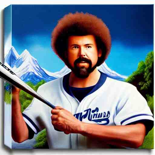 a closeup photorealistic photograph of bob ross themed kenny powers baseball, painting on a canvas. mountains and trees. film still. brightly lit scene. this 4 k hd image is trending on artstation, featured on behance, well - rendered, extra crisp, features intricate detail, epic composition and the style of unreal engine. 