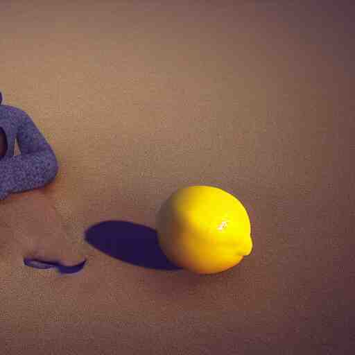 a supercute lemon cartoon character, that is fit and good looking, it's is relaxing on a beach, inspired by dalle - 2, octane render, 3 d, volumetric lightening, 