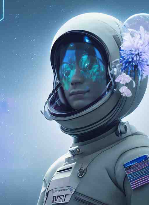 a man in a space suit with a flower in his hand, a computer rendering by Mike Winkelmann, trending on cgsociety, retrofuturism, uhd image, rendered in cinema4d, hard surface modeling,