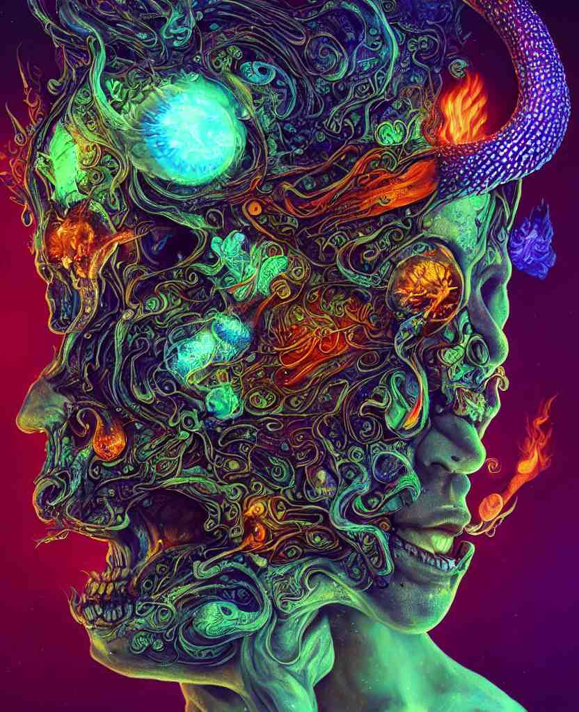 psychedelic shaman close-up portrait. amanita muscaria phoenix head, nautilus, insect, skull, ice and fire, bioluminiscent creatures, intricate artwork by Tooth Wu and wlop and beeple. octane render, trending on artstation, greg rutkowski very coherent symmetrical artwork. cinematic, hyper realism, high detail, octane render, 8k