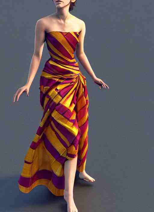 emma watson wearing assamese silk bihu mekhela strapless costume expertly draped maxi style dress by madeleine vionnet, assamese gamosa pattern, face by daz 3 d genesis and artgerm concept art 3 d octane render cinema 4 d v ray, unreal engine, hyper realistic hdr fabric textures, ray traced, bright lit cinematic studio fashion photography, real life like, daz iray shaders 