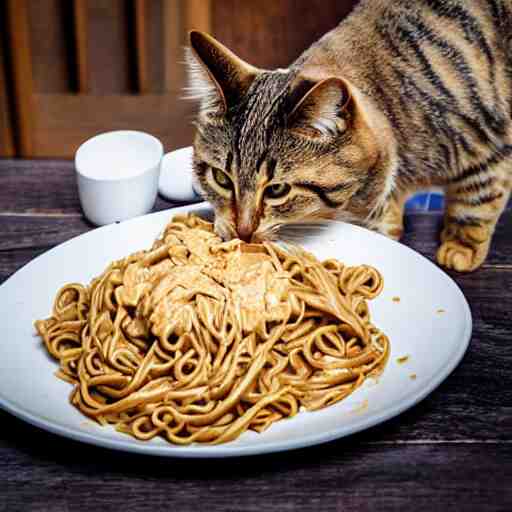 peanut butter and noodles on toast fat tabby cat watching over the food 