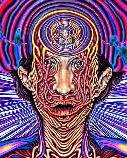 human spirit breaking away from the body, conjuring psychedelic background, part by shintaro kago, part by alex gray, ross tran, james jean, ultra realistic, highly detailed, 8 k, trending on artstation, symmetry 