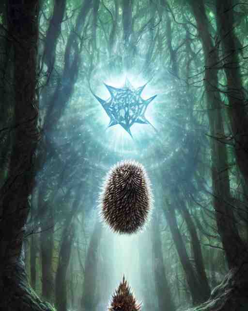 Hedgehog magus, gaia, nature, fairy, forest background, magic the gathering artwork, D&D, fantasy, cinematic lighting, centered, symmetrical, highly detailed, digital painting, artstation, concept art, smooth, sharp focus, illustration, volumetric lighting, epic Composition, 8k, art by Akihiko Yoshida and Greg Rutkowski and Craig Mullins, oil painting, cgsociety