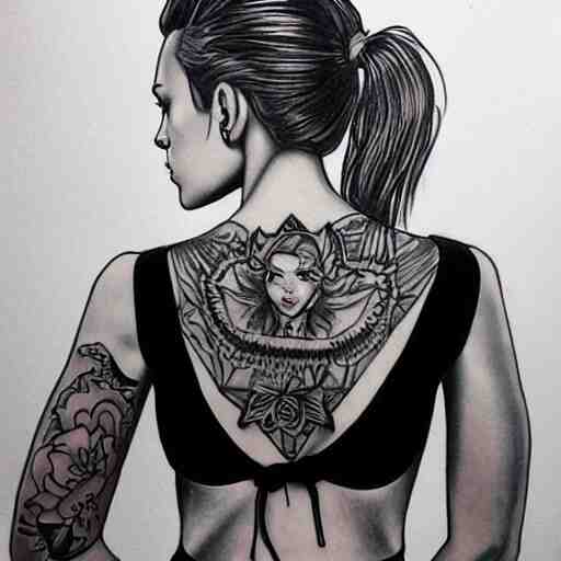 tattoo of Scarlett Johansson, sketched by Loish, back tattoo