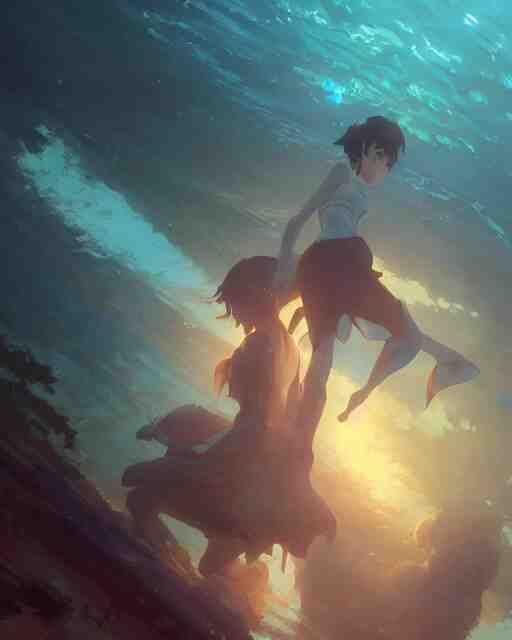 Under Water, Full shot, Atmospheric lighting, By Makoto Shinkai, Stanley Artgerm Lau, WLOP , Rossdraws, James Jean, Andrei Riabovitchev, Marc Simonetti, krenz cushart, Sakimichan, D&D trending on ArtStation, digital art.