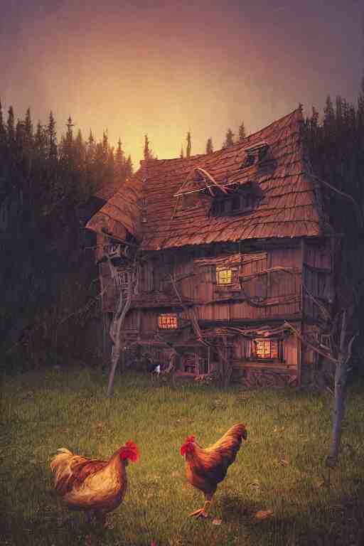 an awesome twilight day concept art of old hut with chicken legs, by kengo kuma and wes anderson with village, mixed development, cgsociety, fantastic realism, artstation hq 