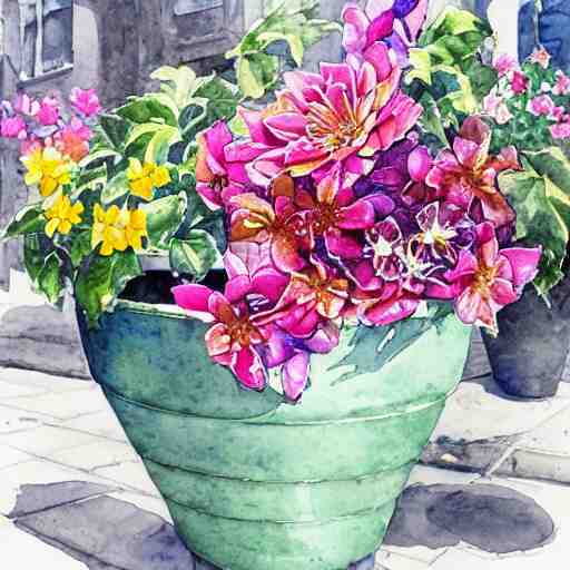 a beautifull intricate watercolor painting of potted planter with flowers inside sitting on wet sidewalk, reflexions, high details by stephanie law art 