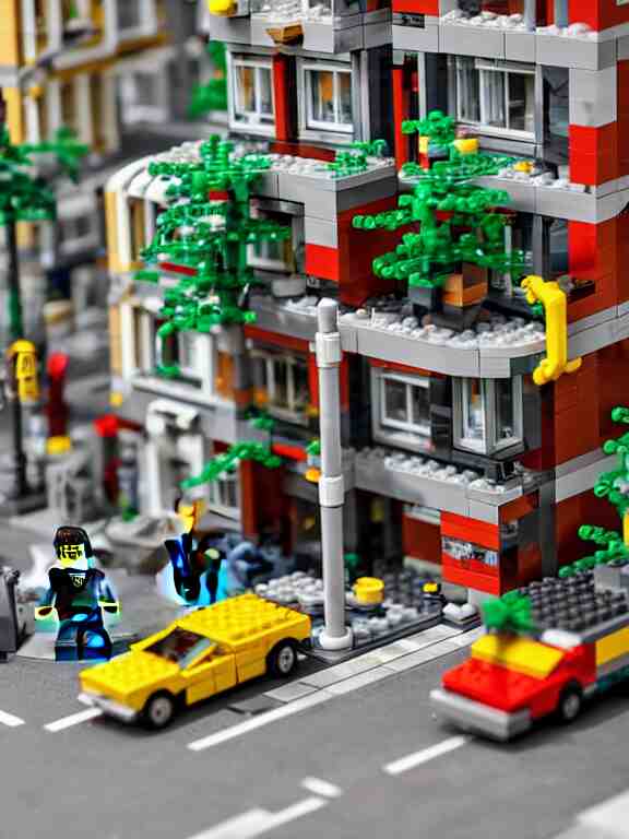 detailed miniature lego diorama a soviet residential building, brutalism architecture, car parking nearby, elderly man passing by, warm and joyful atmosphere, summer, streetlamps, several birches nearby 