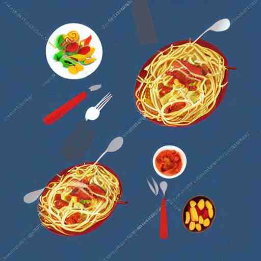 a bowl of spaghetti an omlette and a slice of bacon sitting on a bench, trending on artstation, vector 