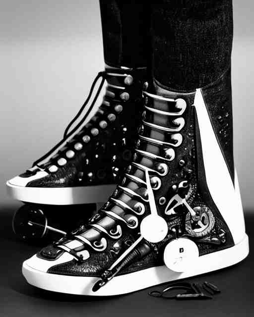 balenciaga sneakers made out of clock parts, hyper realism, high detail, extremely detailed, very sharp, award winning photo, in the style of vivian maier 