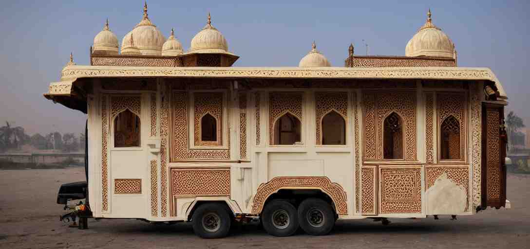 mughal - style white ivory tiny home on trailer with minarets in cyberpunk india 