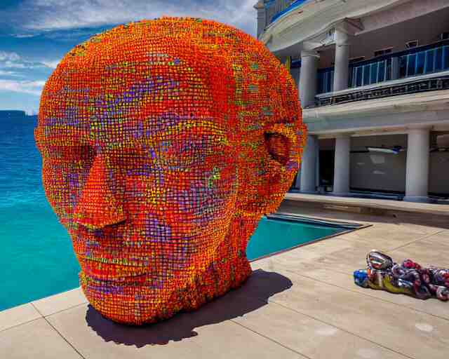 a long shot of a giant award winning sculpture made out of tons of hundreds of pool toys in the shape of a human head, on the surface of the ocean, in the style of chad knight, hyper detailed, hyper realistic, ray tracing, 8 k resolution, sharp focus, realistic water 