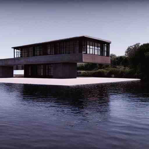 brutalist villa on edge of a lake, antoni gaudi and le corbusier, photorealistic, cinematic, volume light, rendered in octane, artstation