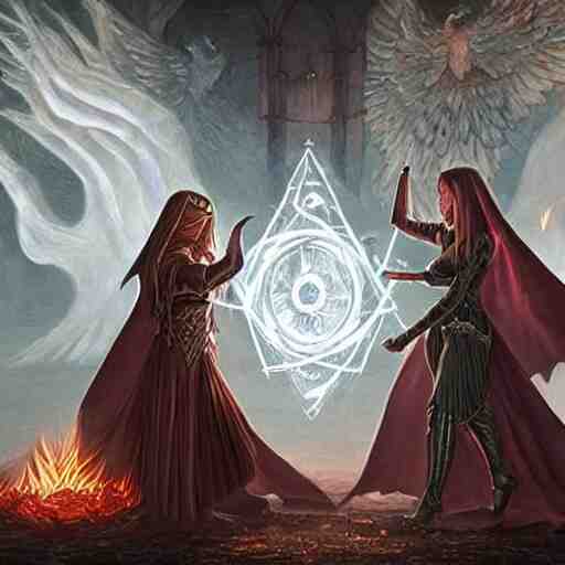 female acolytes using demonic summoning circle to summon a demonic knight. incredible detail. by magali villeneuve and by wlop 