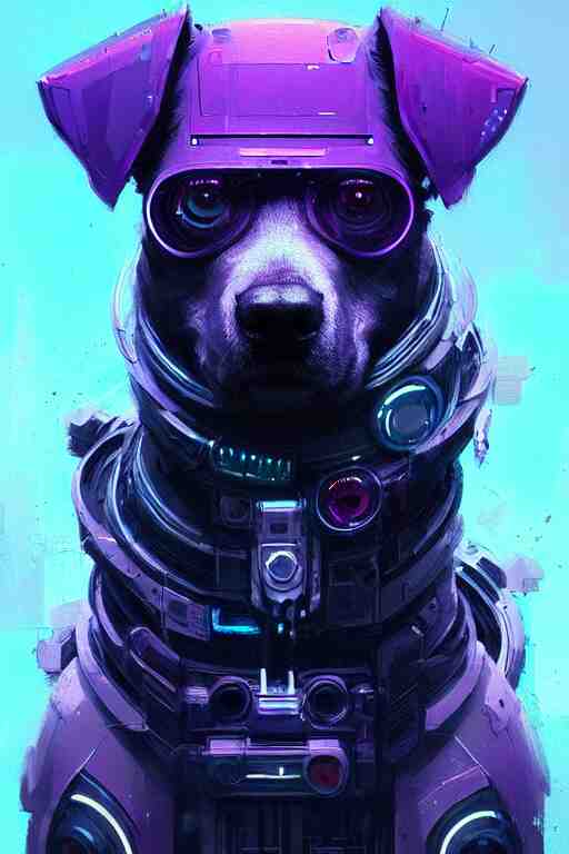 a beautiful portrait of a cute cyberpunk dog by greg rutkowski and wlop, purple blue color scheme, digital art, highly detailed, fine detail, intricate, ornate, complex 
