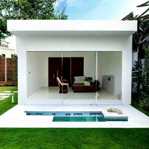 luxury elongated small backyard, all white, modern hut at the back, ceramic floor, small pool 