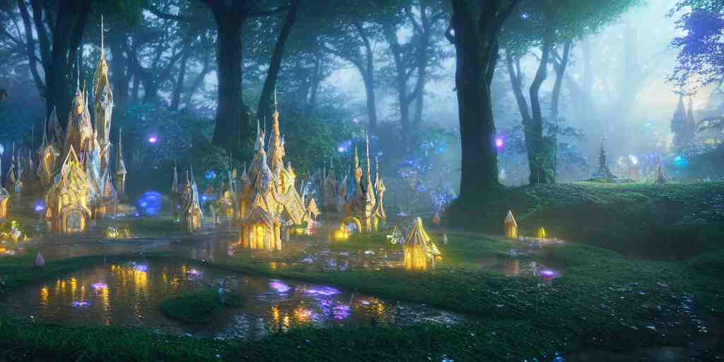 in an ethereal magical fairy city, highly detailed, 8 k, hdr, award - winning, octane render, artstation, volumetric lighting 