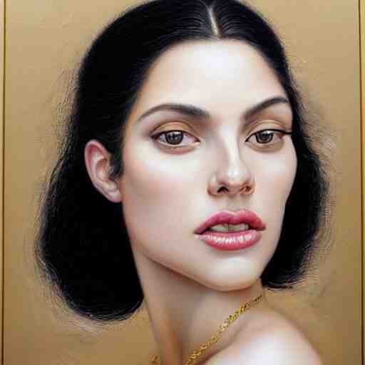 Facial portrait of a gorgeous girl, looking away from the camera, seductive smile, heavy gold jewellery, gold and diamond necklaces, elegant revealing intricate dress, sparkle in eyes, lips slightly parted, long flowing hair, no hands visible, delicate, teasing, arrogant, defiant, bored, mysterious, intricate, extremely detailed painting by Mark Brooks (and by Greg Rutkowski), visible brushstrokes, thick paint visible, no light reflecting off paint, vibrant colors, studio lighting