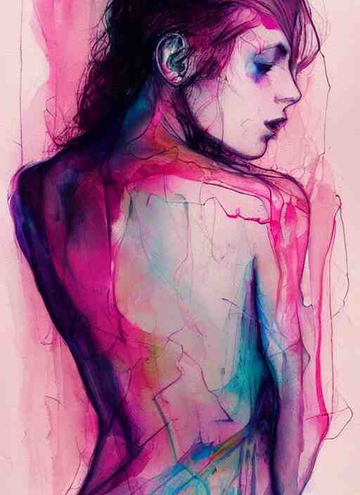 gorgeous woman in short by agnes cecile, view from back, bent - over posture, half body portrait, extremely luminous bright design, pastel colours, ink drips, autumn lights 