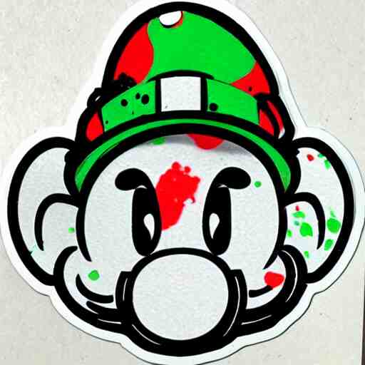 die cut sticker, yoshi wearing mario's mustache, splatter paint 