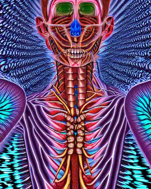 Human Body breaking away, Conjuring Psychedelic Illustration, part by Shintaro Kago, part by Alex Gray, ultra realistic, highly detailed, 8k, symmetry, fractals, grotesque, vibrant,