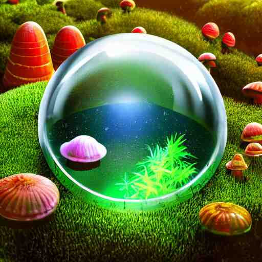 alien planet, lush with fluorescent mushrooms encapsulated in a snow globe, high detail, photorealistic 