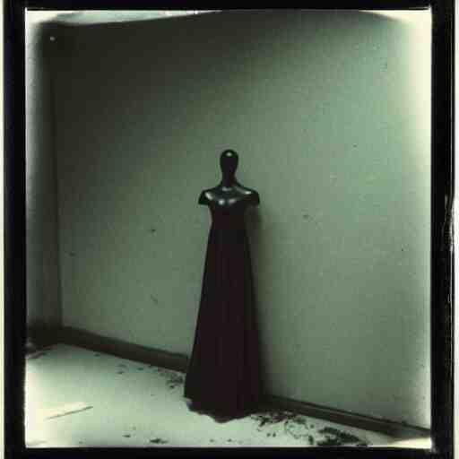 a mannequin at the top of a dark stairwell, abandoned, creepy, eerie, scary, old polaroid, expired film, out or focus, 