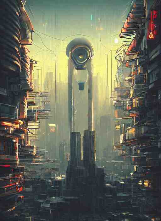 a painting of a giant robot standing in front of a city, cyberpunk art by mike winkelmann, behance contest winner, nuclear art, dystopian art, apocalypse art, sci - fi 