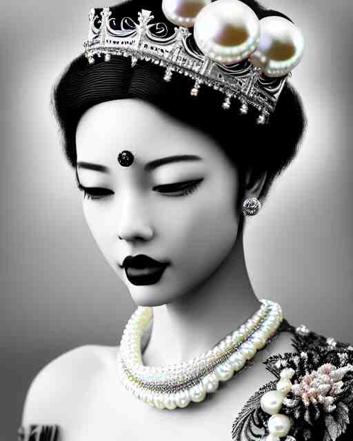 black and white dreamy young beautiful crowned female artificial intelligence, crown is full of flowers and pearls, realistic pearl ornament in the face, long hair are intricate with highly detailed realistic pearls, cinematic, rim light, bokeh, photo - realistic, elegant, high detail, 8 k, masterpiece, photo taken in 1 9 3 0 