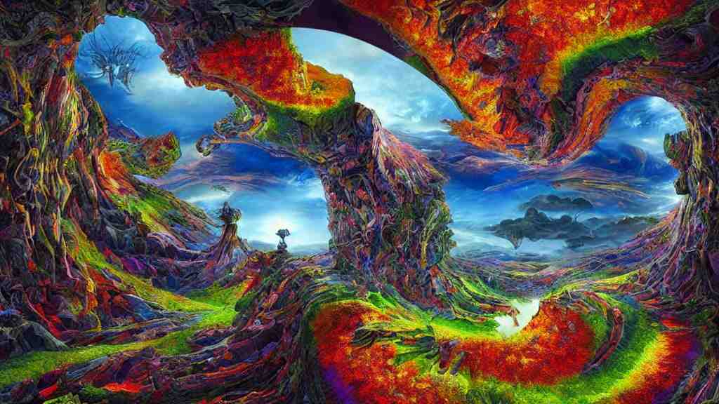 fantasy landscape with fractals in the styles of igor morski, jim warren, and m. c. escher, intricate, colorful, hyperrealistic, volumetric lighting 