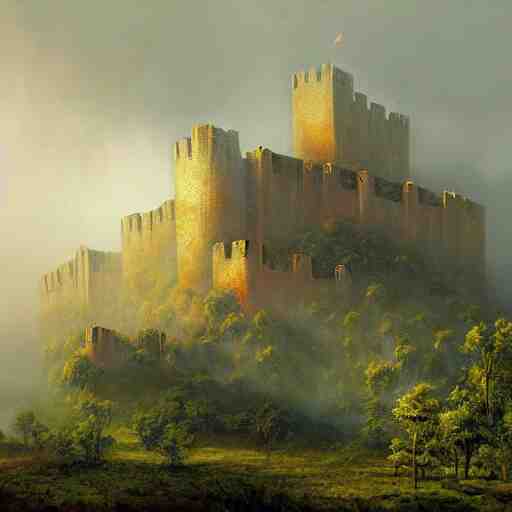 fortress in the misty woods, crisp, clear, matte oil painting, darrell k sweet, wallpaper 