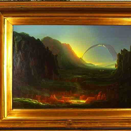 futuristic landscape in the style of thomas cole, landscape painting, romanticism, hudson river school, realism 