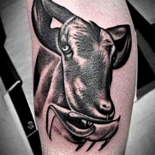 a tattoo of a goat with a stick of dynamite in its mouth