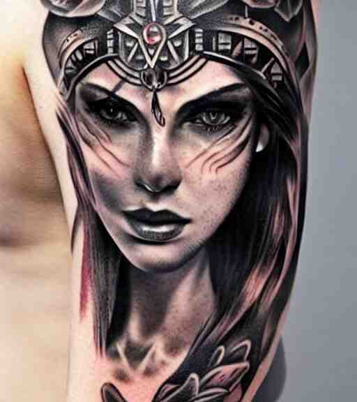 tattoo design on white background of a beautiful girl warrior, hyper realistic, amazing detail, inspired by eliot kohek 