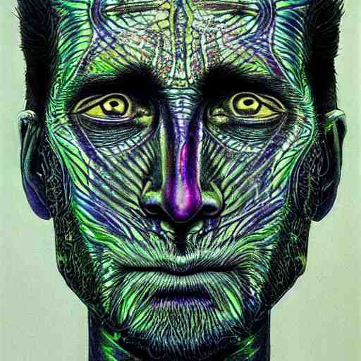 dark portrait of one Bioluminescent old shaman, with cracked reaction diffusion semi-transparent skin. multicolored fish scales, closeup. long dark hair with insects. realistic. intricate, very detailed, by alex grey and Moebius