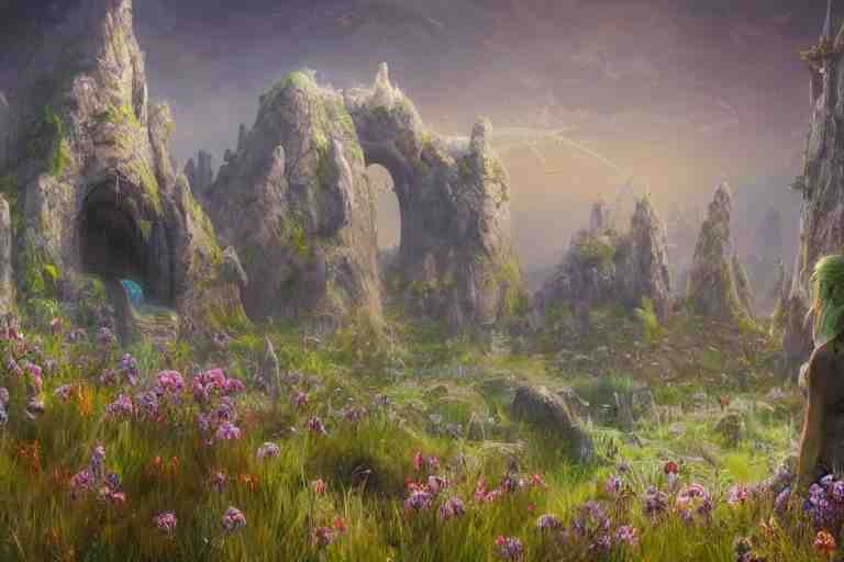 Brutalist Shiro, fantasy landscape, Eden at Dawn, gleaming morning cinematic lighting, amazing cinematic concept painting,  by Jessica Rossier,  Himeji Rivendell  Garden of Eden valley, wildflowers and grasses, terraced orchards and ponds, lush fertile fecund, fruit trees, birds in flight, animals wildlife, beksinski