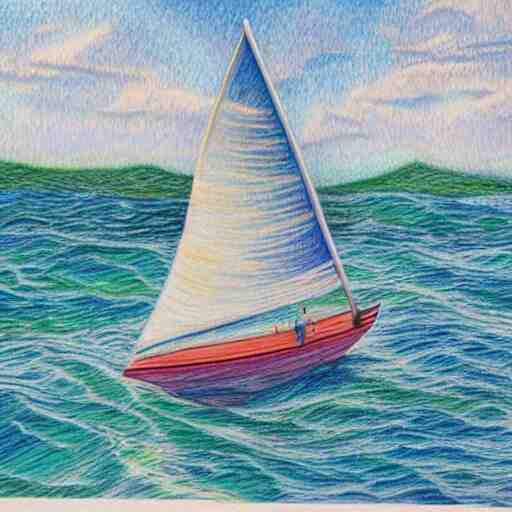  Colored pencil art on paper, Sailboat surfing the waves, highly detailed, artstation, MasterPiece, Award-Winning, Caran d'Ache Luminance