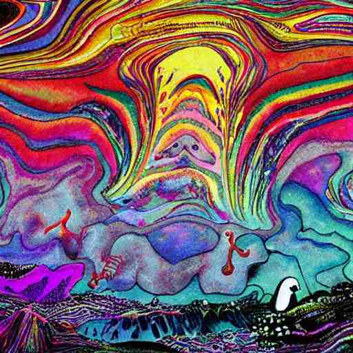 crazy psychedelic landscape full of ghosts, utopia 