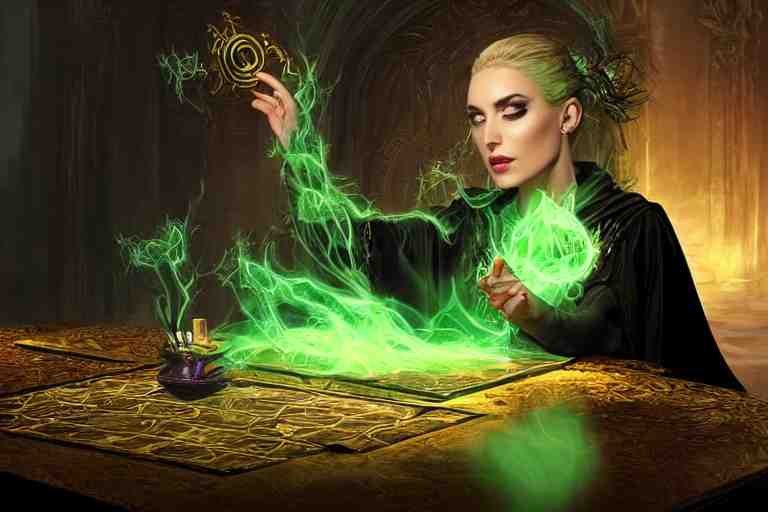 a beautiful sorceress wearing a black robe with gold embroidery, sitting at table, casting a spell, green glows, painted by stefan kostic and artgerm, in the style of magic the gathering, highly detailed digital art 