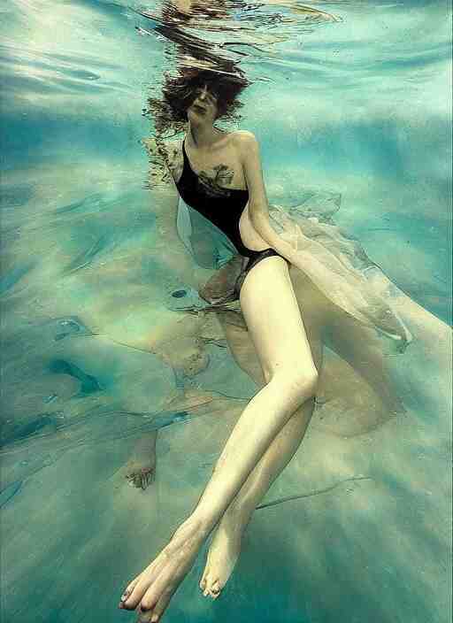 girl in a long dress swimming underwater, caustics, surreal underwater photography, oil painting by Boldini