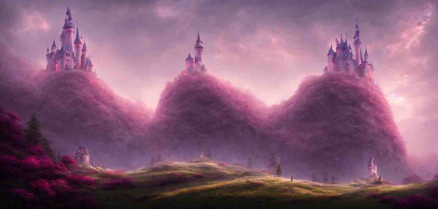 a fairytale castle on a hill in the forest pink fog envelops the castle landscape, cinematic view, epic sky, detailed, concept art, low angle, high detail, warm lighting, volumetric, godrays, vivid, beautiful, trending on artstation, by jordan grimmer, huge scene, grass, art greg rutkowski 