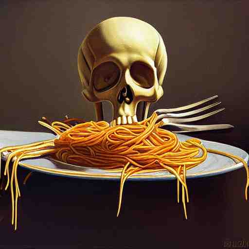 a lonely skeleton eating spaghetti alone in his apartment, detailed realistic oil painting